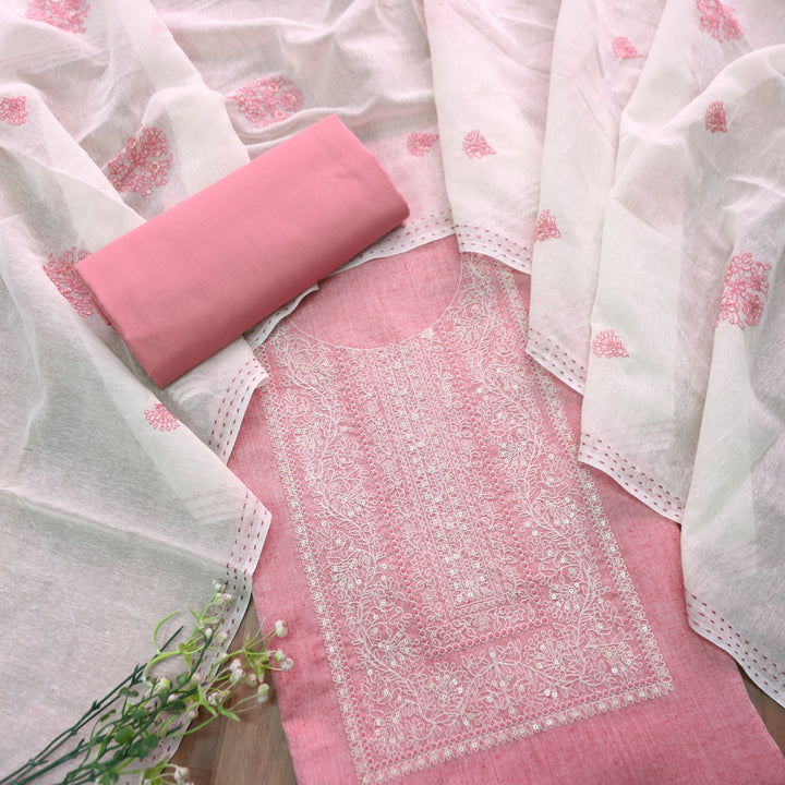 Nigahen Petal Pink Thread Embroidered Neck Work Cotton Suit Set