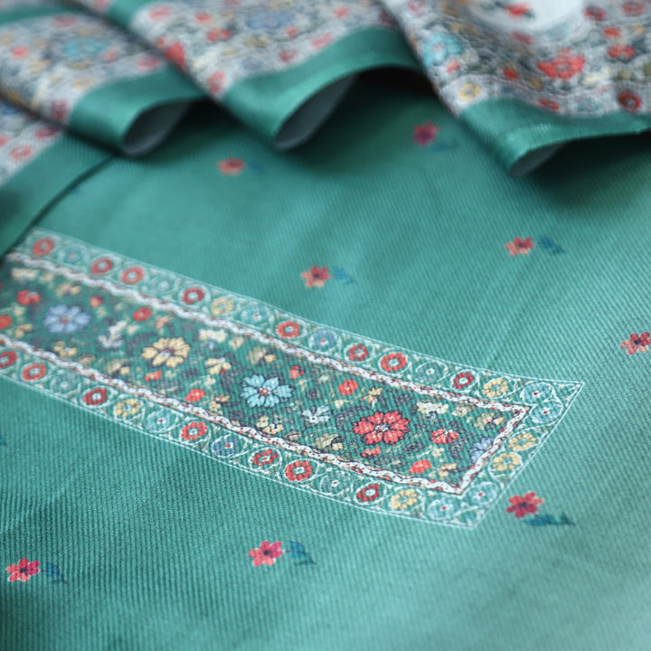 Samara Aqua Turq Digital Kashmiri Printed Semi Pashmina Winter Set