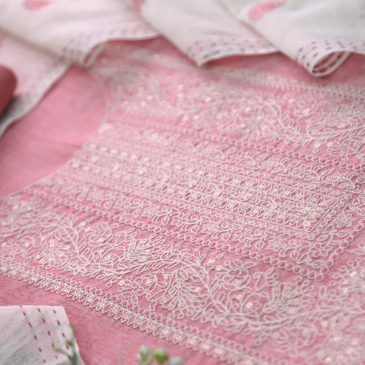 Nigahen Petal Pink Thread Embroidered Neck Work Cotton Suit Set
