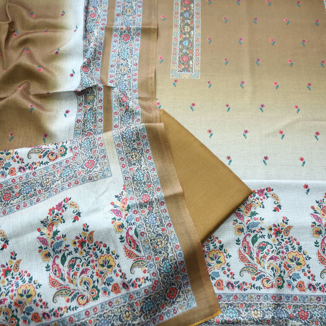 Samara Walnut Beige Digital Kashmiri Printed Semi Pashmina Winter Set