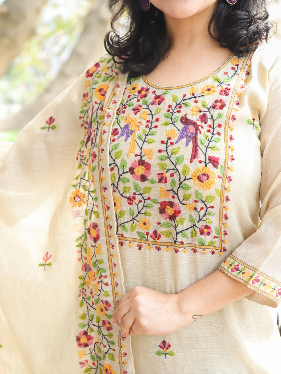 Tira Hazel Beige Hand Embroidery Mul Chanderi 3 Piece Set