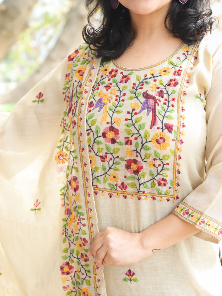 Tira Hazel Beige Hand Embroidery Mul Chanderi 3 Piece Set