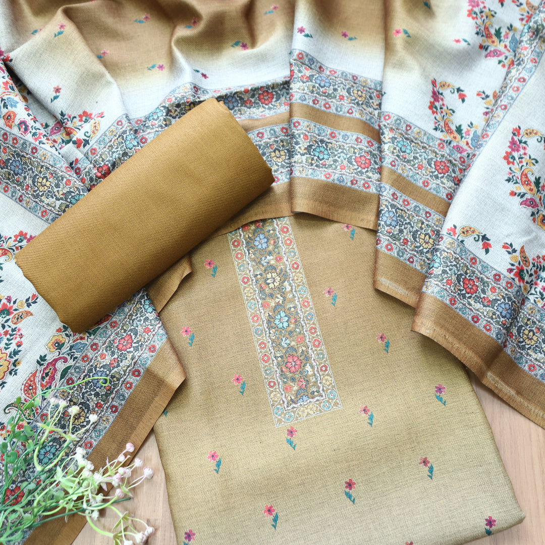 Samara Walnut Beige Digital Kashmiri Printed Semi Pashmina Winter Set