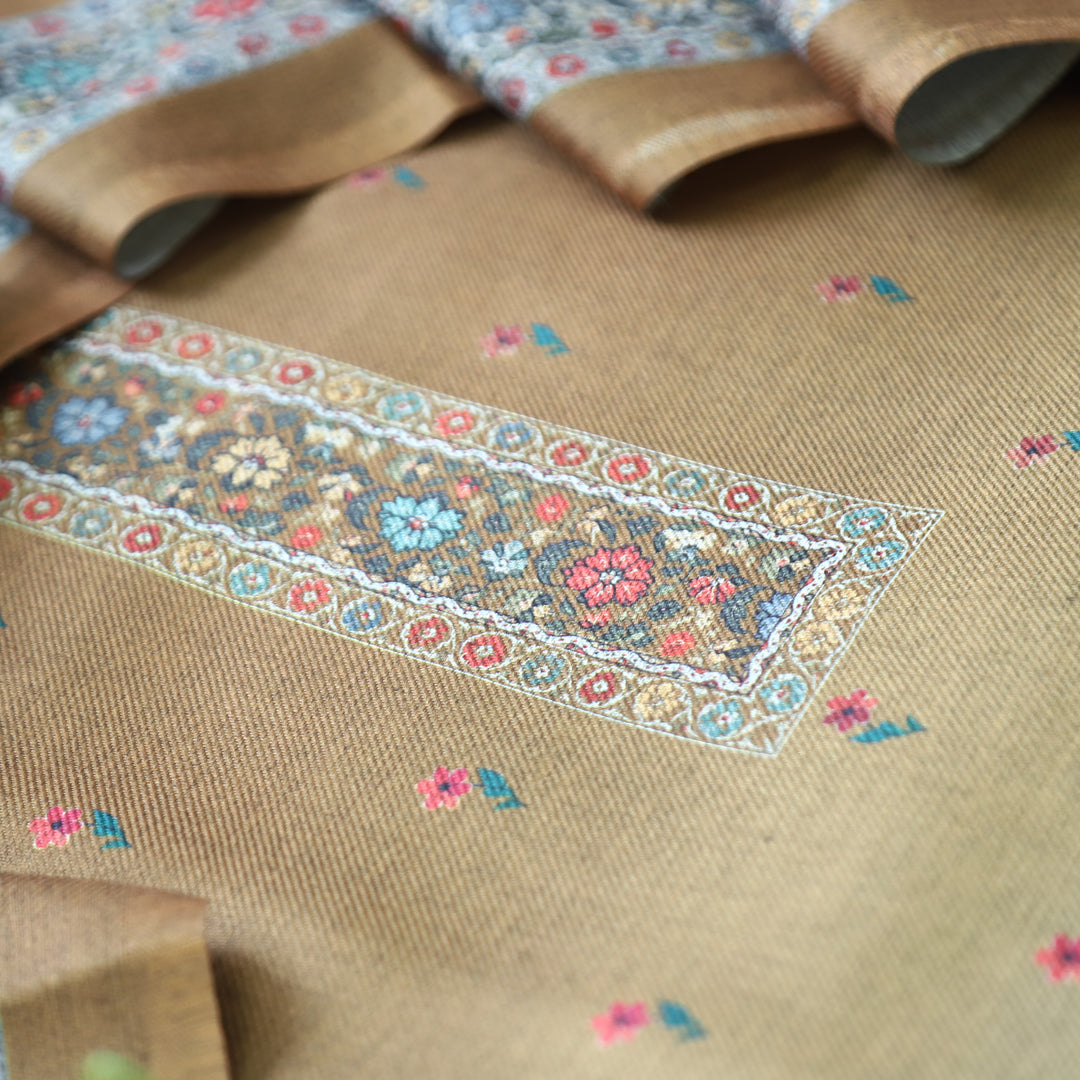 Samara Walnut Beige Digital Kashmiri Printed Semi Pashmina Winter Set