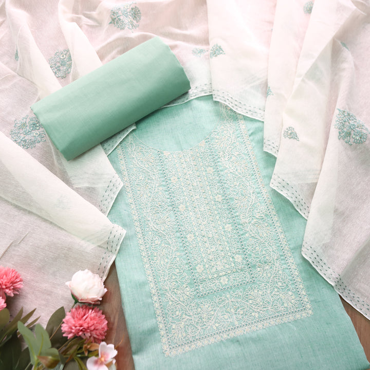Nigahen Castleton Mint Thread Embroidered Neck Work Cotton Suit Set