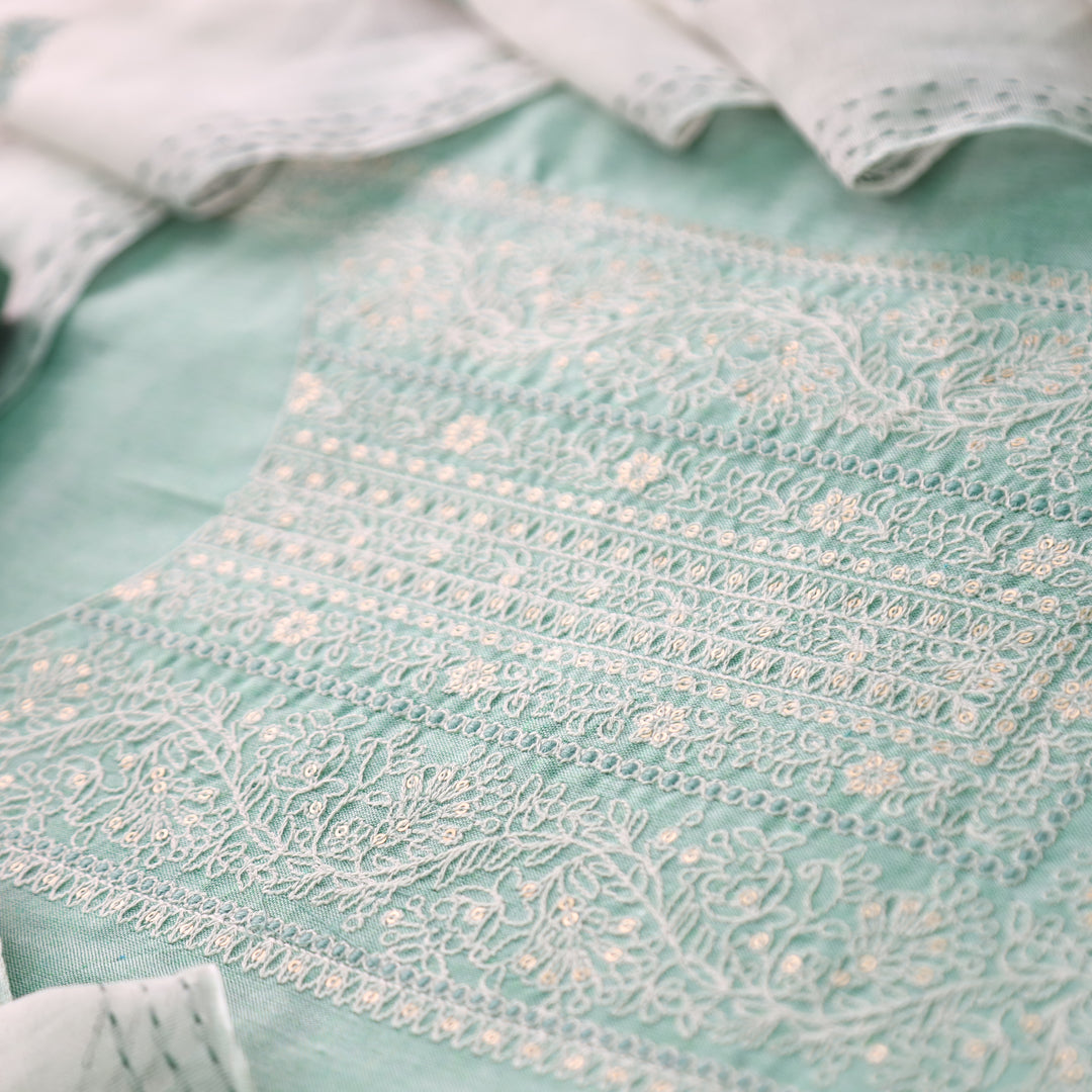 Nigahen Castleton Mint Thread Embroidered Neck Work Cotton Suit Set