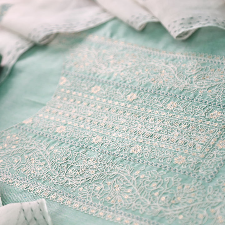 Nigahen Castleton Mint Thread Embroidered Neck Work Cotton Suit Set