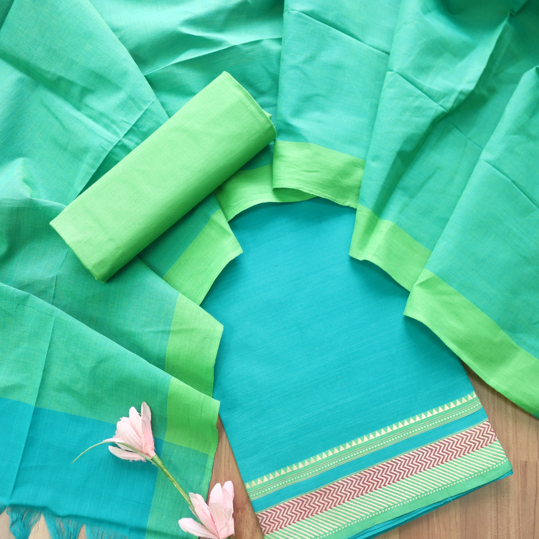 Sanskar Ocean Blue in Mangalgiri Hem Work South Cotton Suit Set