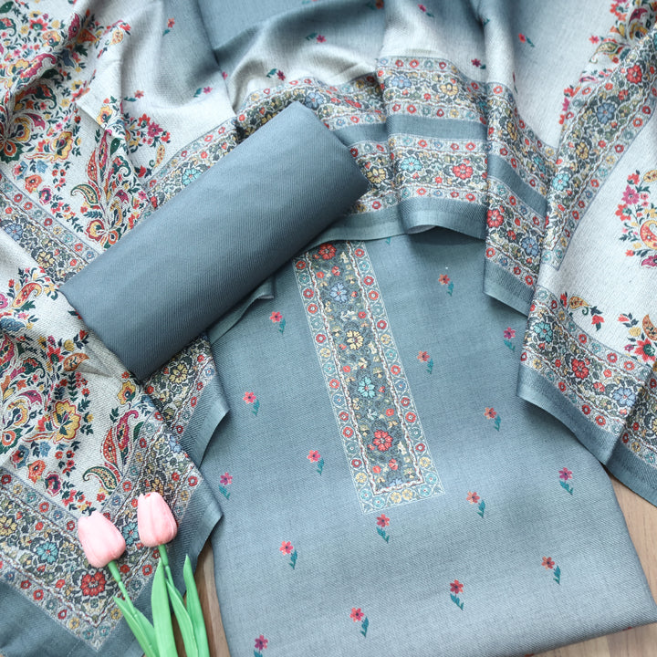 Samara Fossil Grey Digital Kashmiri Printed Semi Pashmina Winter Set