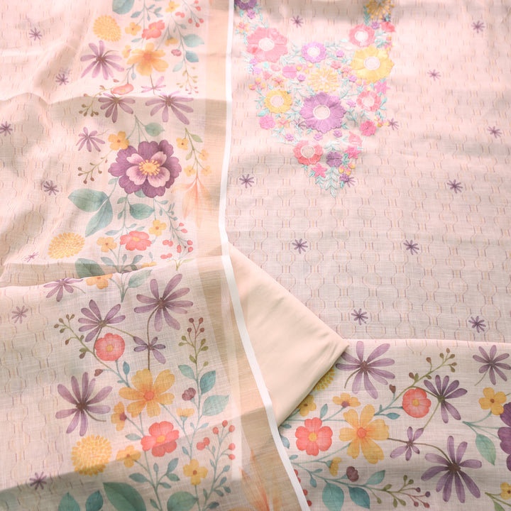 Rashivi Sand Beige Thread Embroidered in Floral Printed Shimmer Tissue Linen Set
