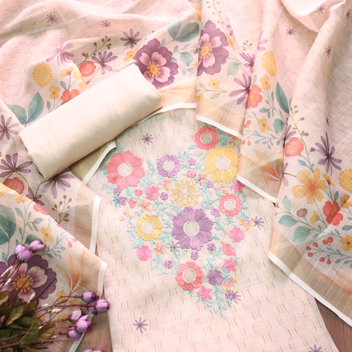 Rashivi Sand Beige Thread Embroidered in Floral Printed Shimmer Tissue Linen Set