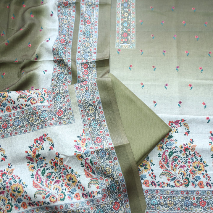 Samara Sage Green Digital Kashmiri Printed Semi Pashmina Winter Set