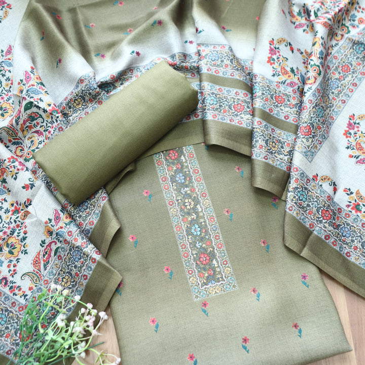Samara Sage Green Digital Kashmiri Printed Semi Pashmina Winter Set