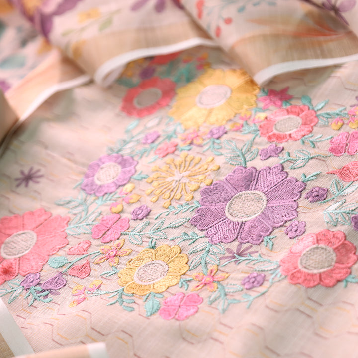Rashivi Sand Beige Thread Embroidered in Floral Printed Shimmer Tissue Linen Set