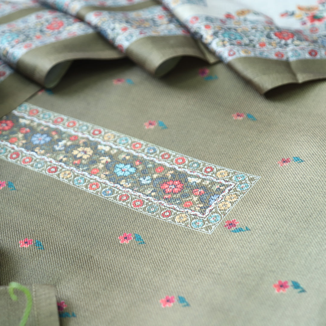 Samara Sage Green Digital Kashmiri Printed Semi Pashmina Winter Set