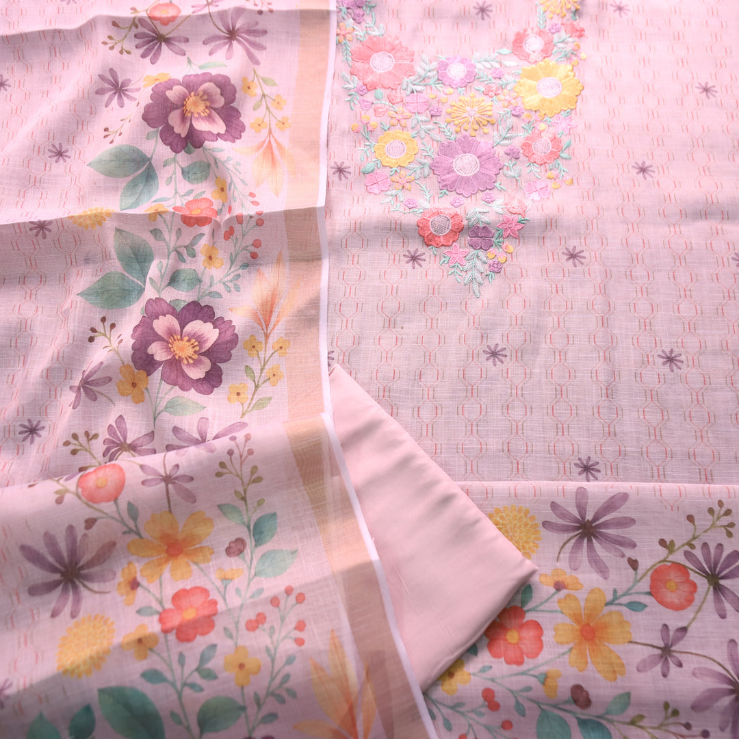 Rashivi Lilly Lilac Thread Embroidered in Floral Printed Shimmer Tissue Linen Set