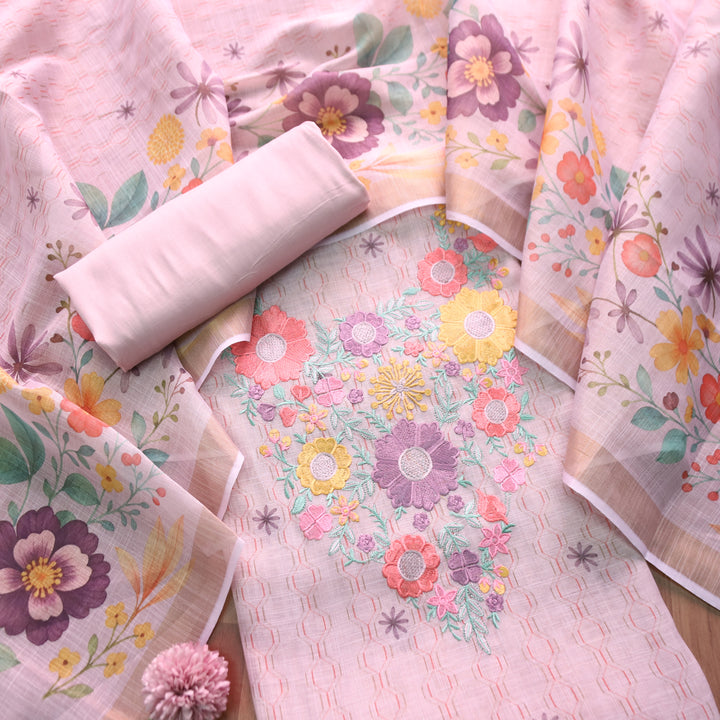 Rashivi Lilly Lilac Thread Embroidered in Floral Printed Shimmer Tissue Linen Set