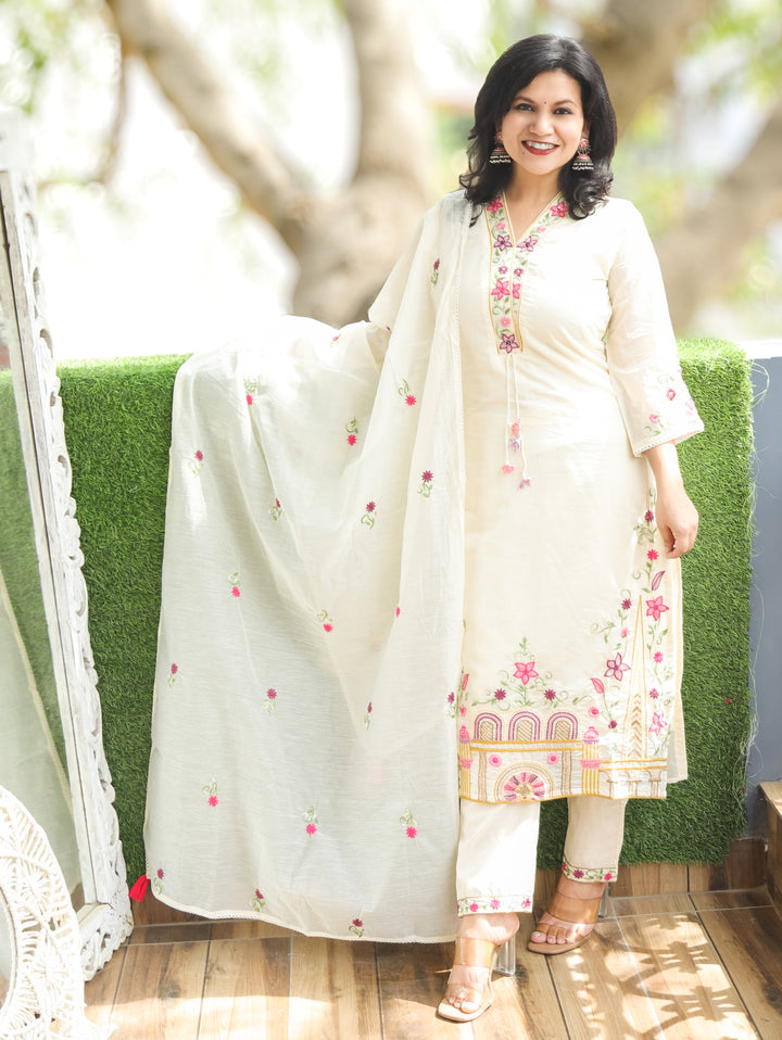 Ella Off-White Embroidery Mul Chanderi 3 Piece Set