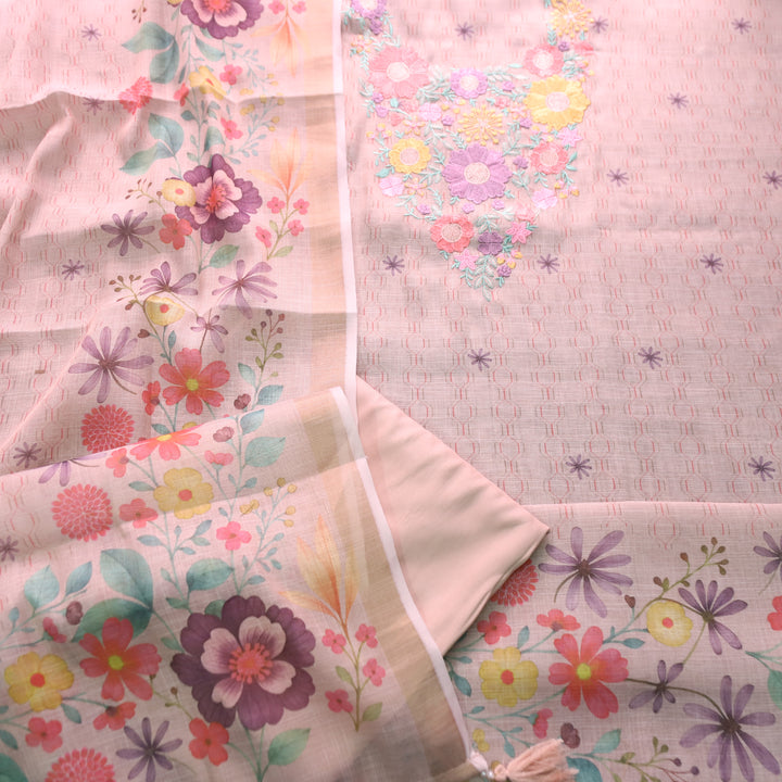 Rashivi Brandy Rose Thread Embroidered in Floral Printed Shimmer Tissue Linen Set