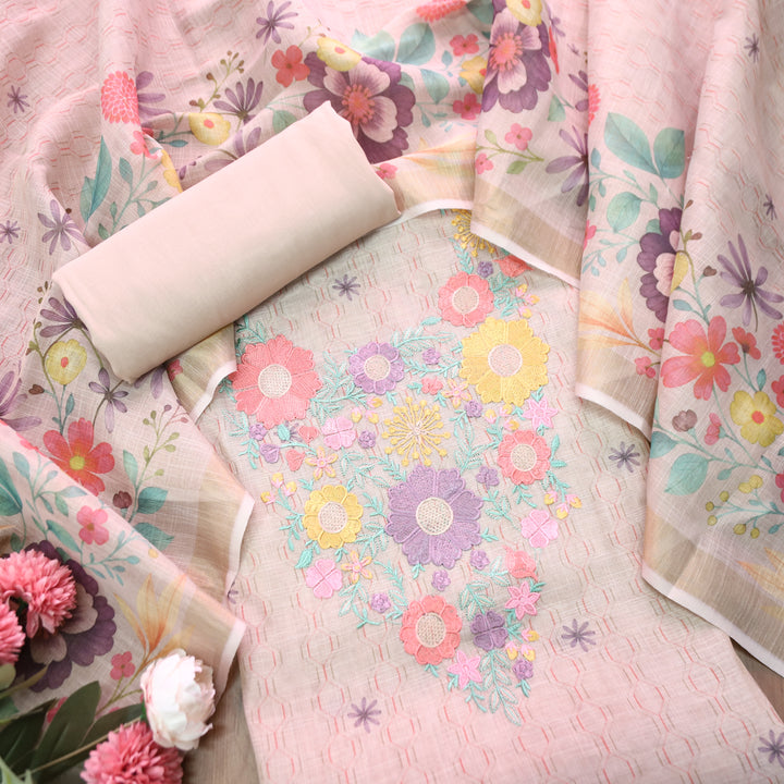 Rashivi Brandy Rose Thread Embroidered in Floral Printed Shimmer Tissue Linen Set