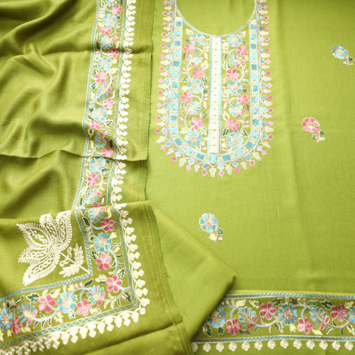Manushi Leaf Green Kashida Embroidery Work Semi Pashmina Winter Set