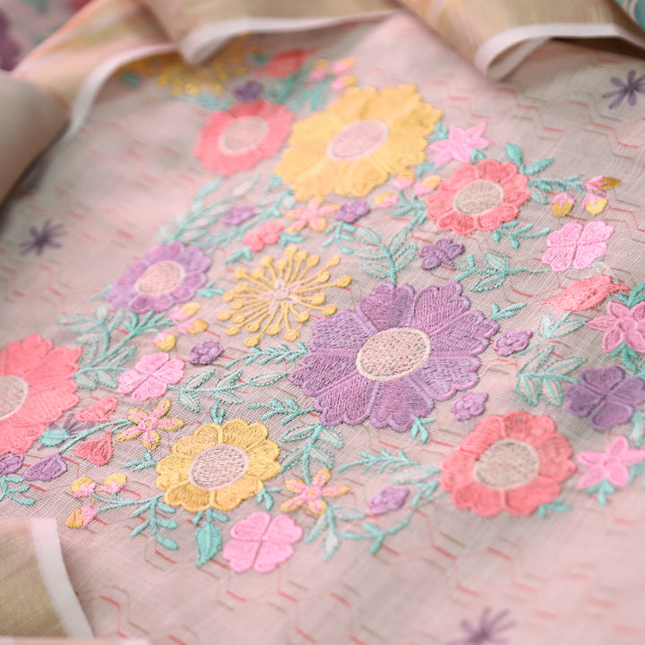 Rashivi Brandy Rose Thread Embroidered in Floral Printed Shimmer Tissue Linen Set