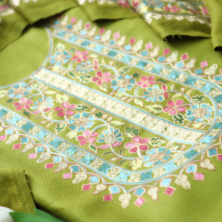 Manushi Leaf Green Kashida Embroidery Work Semi Pashmina Winter Set