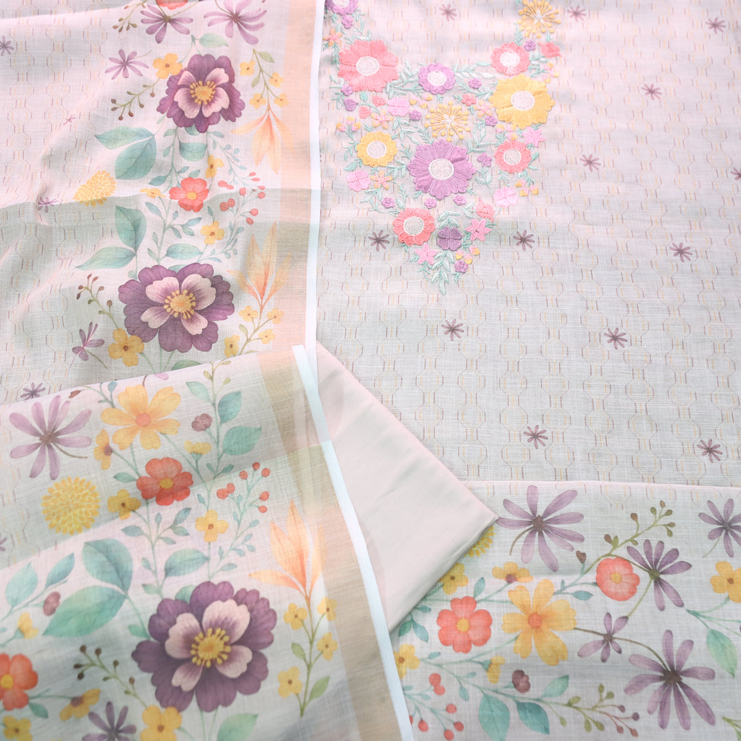 Rashivi Fossil Grey Thread Embroidered in Floral Printed Shimmer Tissue Linen Set