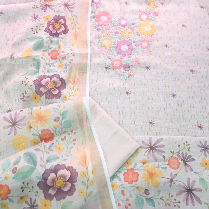 Rashivi Fossil Grey Thread Embroidered in Floral Printed Shimmer Tissue Linen Set