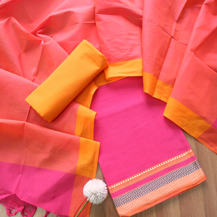 Sanskar Bright Pink in Mangalgiri Hem Work South Cotton Suit Set