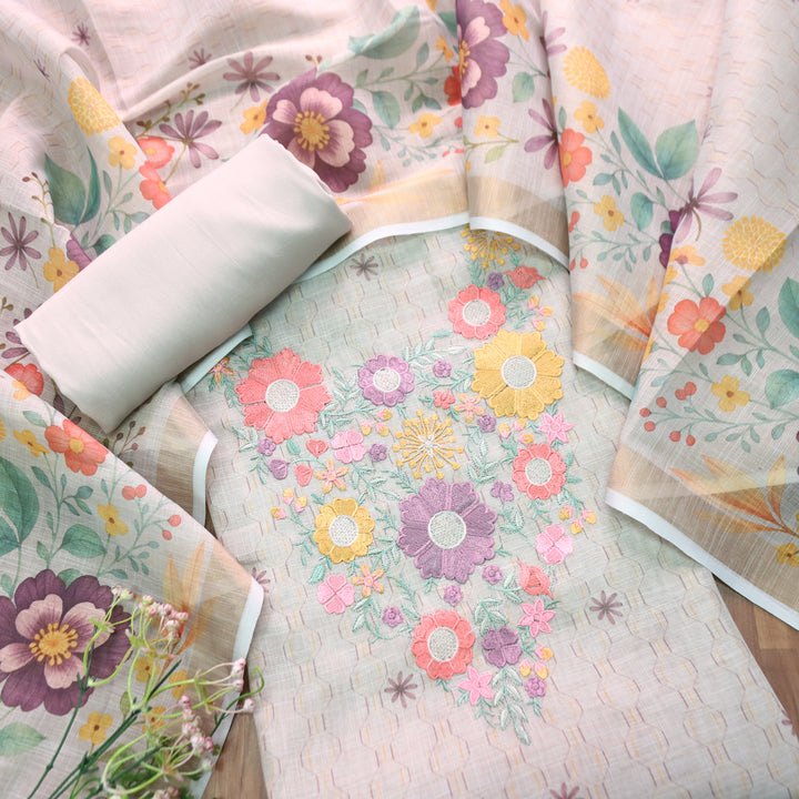 Rashivi Fossil Grey Thread Embroidered in Floral Printed Shimmer Tissue Linen Set
