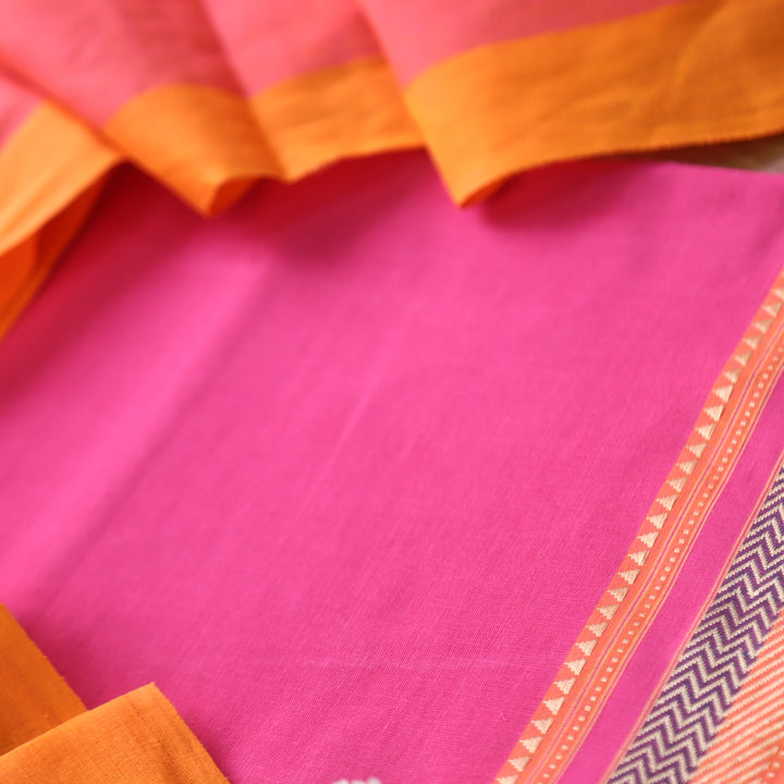 Sanskar Bright Pink in Mangalgiri Hem Work South Cotton Suit Set