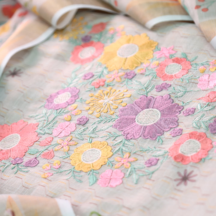 Rashivi Fossil Grey Thread Embroidered in Floral Printed Shimmer Tissue Linen Set