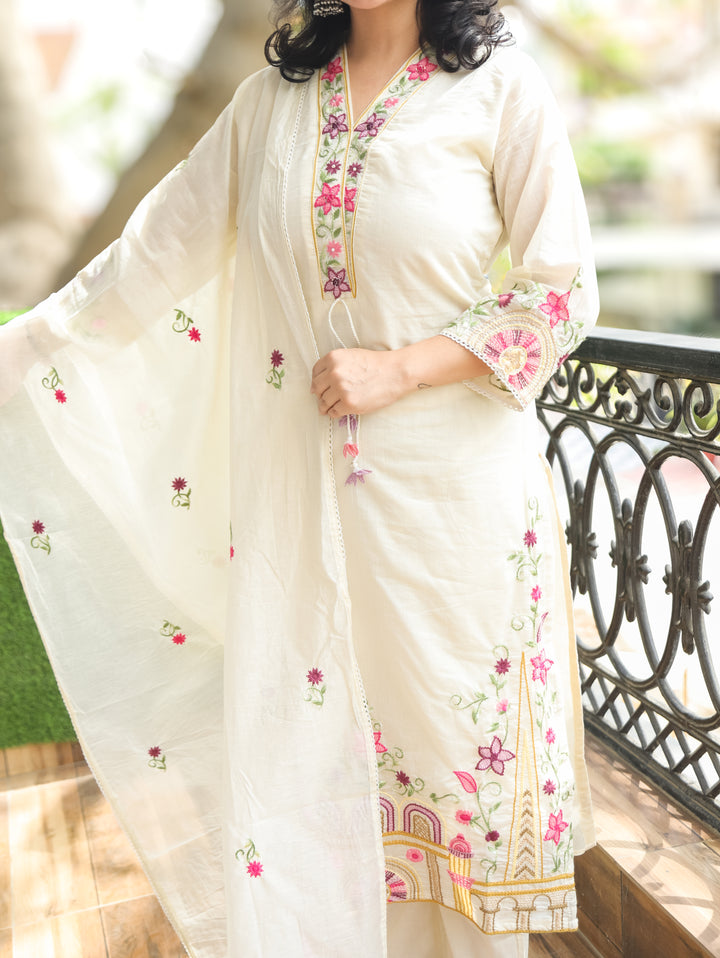 Ella Off-White Embroidery Mul Chanderi 3 Piece Set