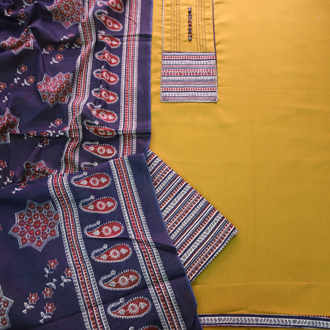 Radhika Canary Yellow Polti Button with Stripe Printed Neck Patch Cotton Suit Set