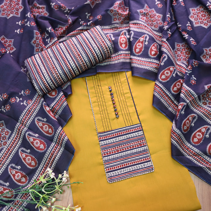 Radhika Canary Yellow Polti Button with Stripe Printed Neck Patch Cotton Suit Set