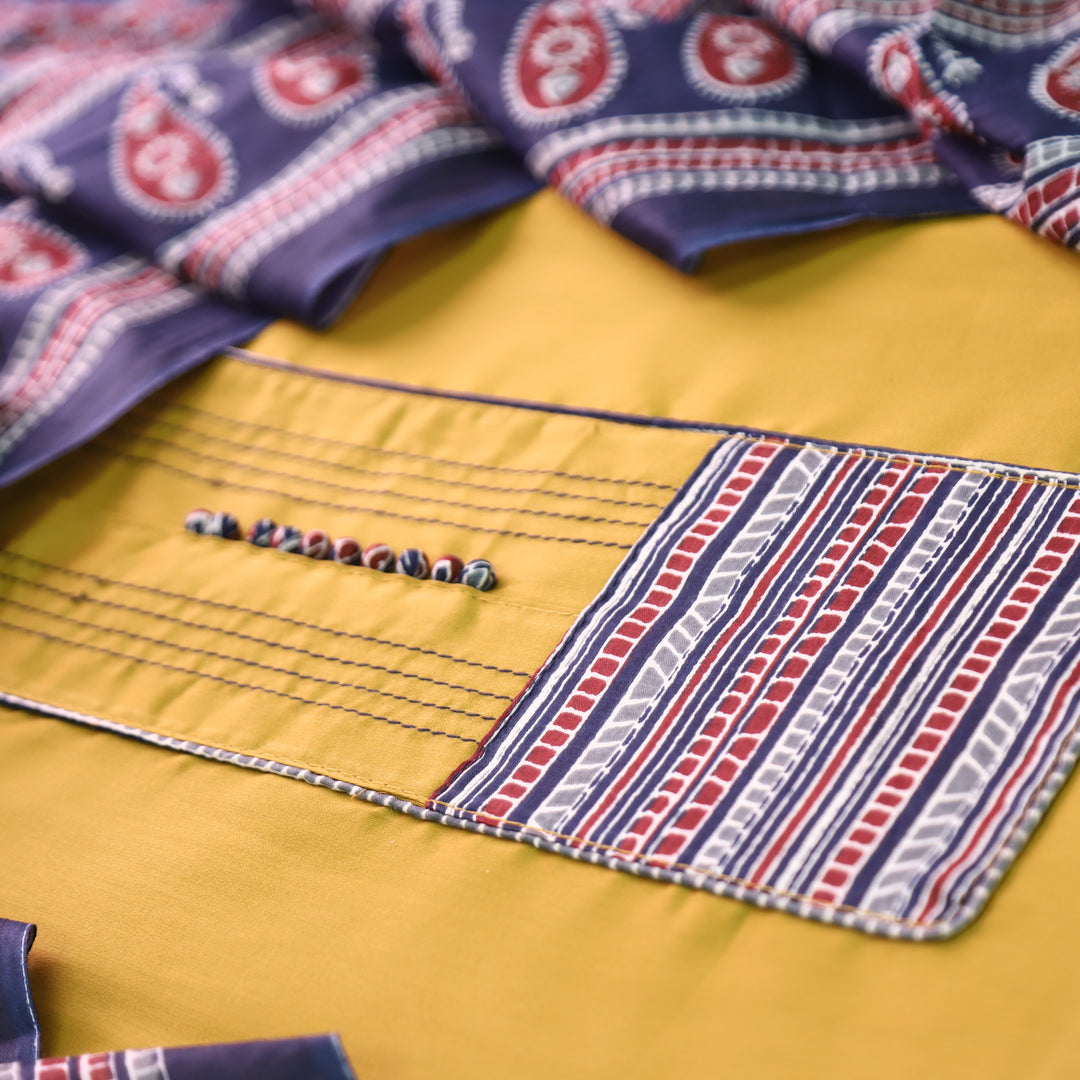 Radhika Canary Yellow Polti Button with Stripe Printed Neck Patch Cotton Suit Set