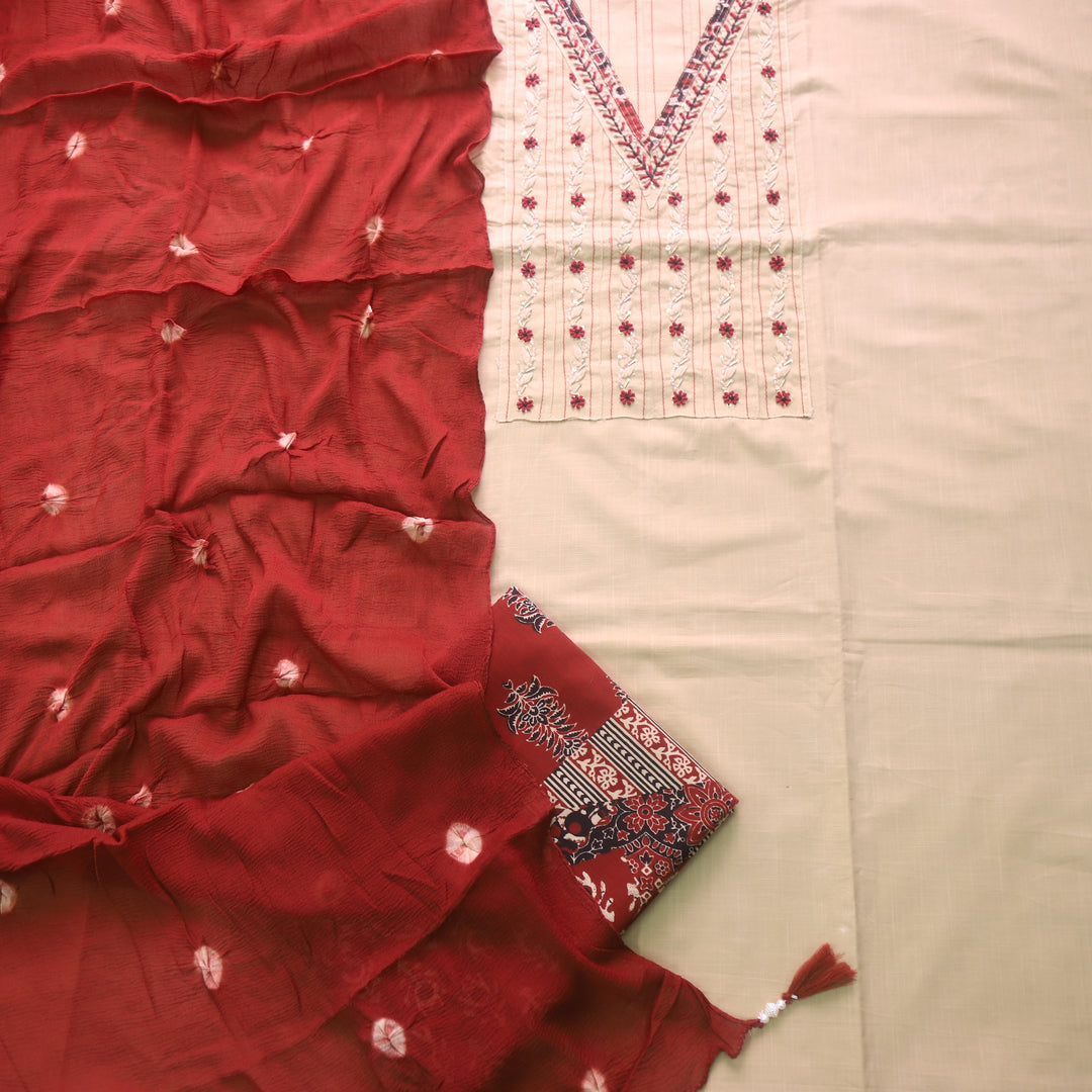 Neelbari Skin Beige V Neck French Knot Neck Work with Pintuck Detailing Cotton Set