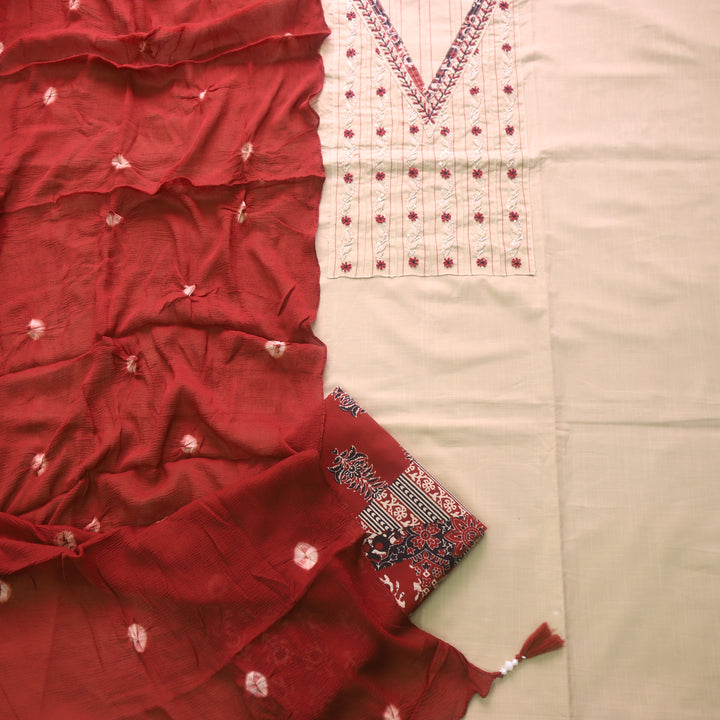 Neelbari Skin Beige V Neck French Knot Neck Work with Pintuck Detailing Cotton Set