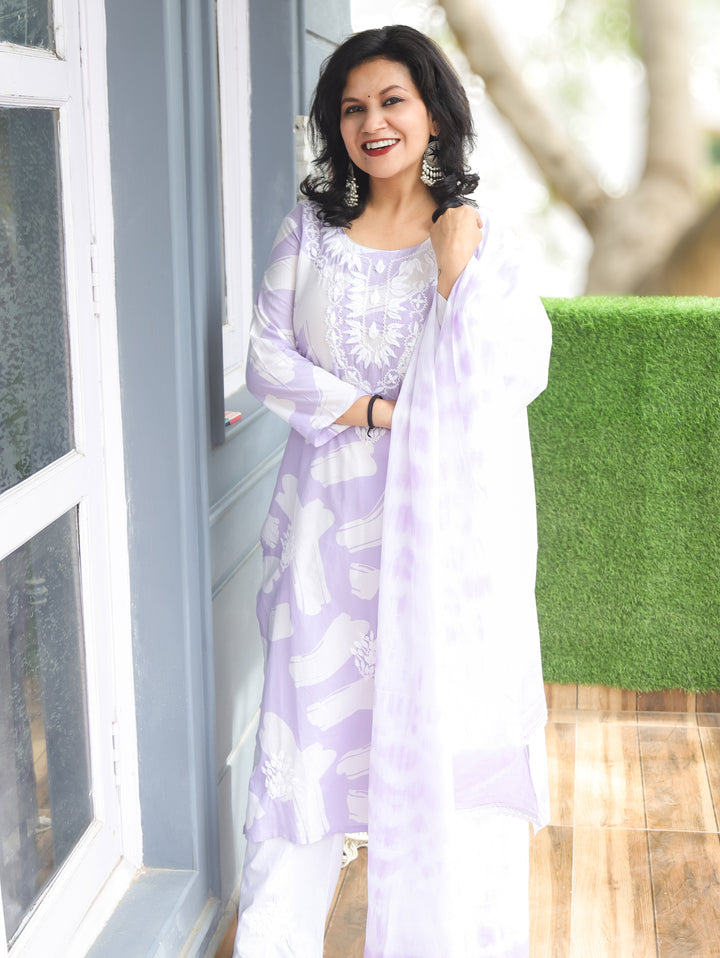 Kira Soft Lilac Chikankari Cotton 3 Piece Set