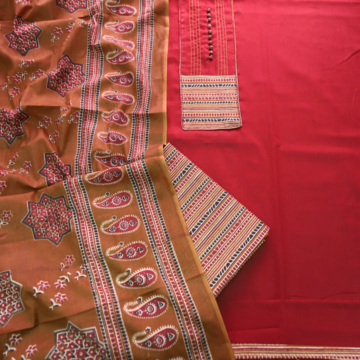 Radhika Apple Red Polti Button with Stripe Printed Neck Patch Cotton Suit Set