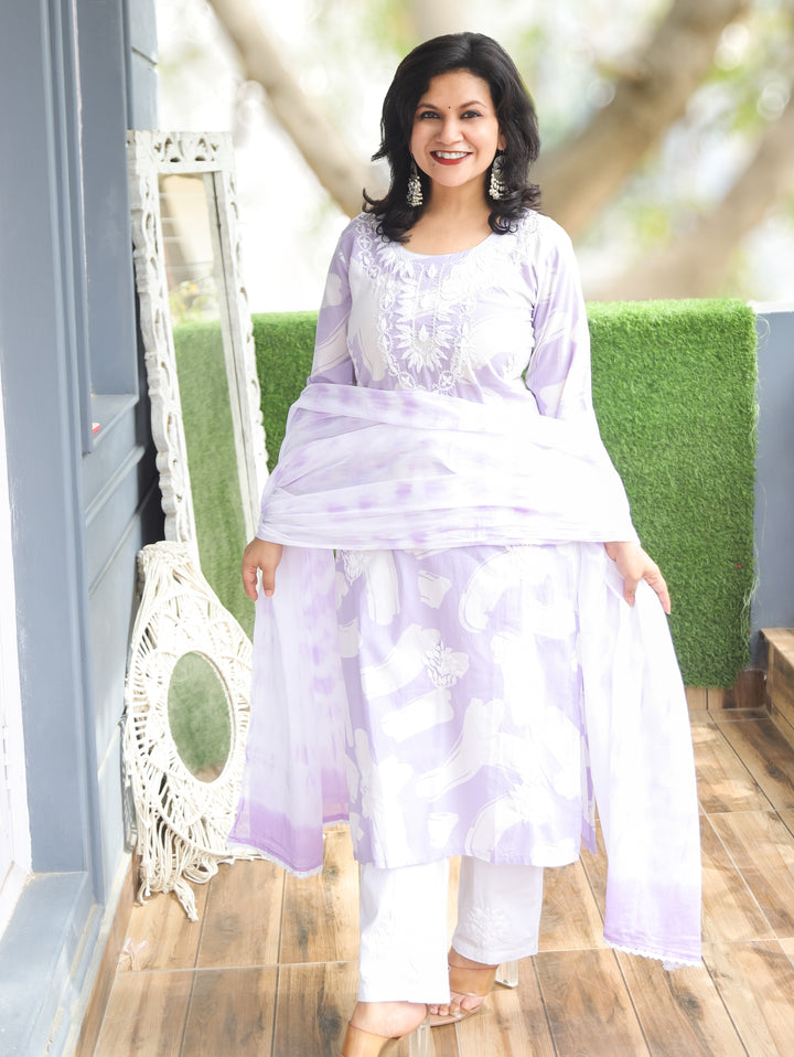 Kira Soft Lilac Chikankari Cotton 3 Piece Set