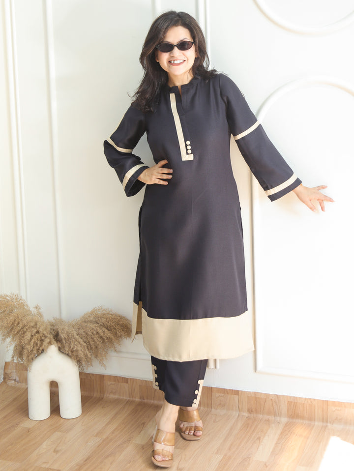 Aaina Midnight Black Ban Collar Winter Twill Co-ord Set