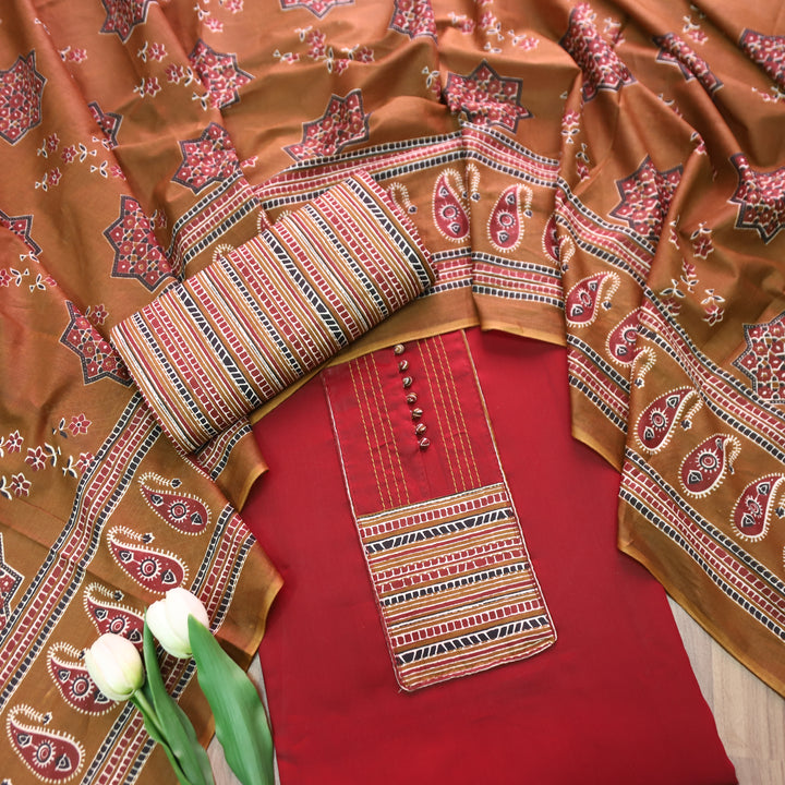 Radhika Apple Red Polti Button with Stripe Printed Neck Patch Cotton Suit Set