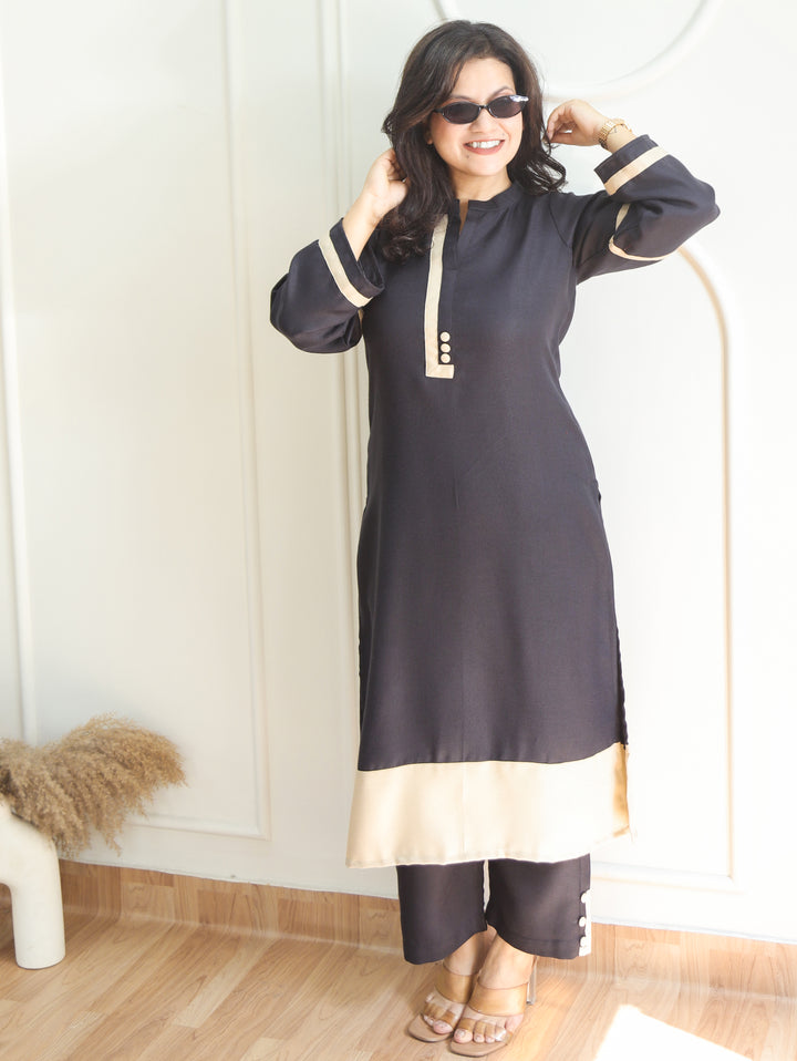 Aaina Midnight Black Ban Collar Winter Twill Co-ord Set