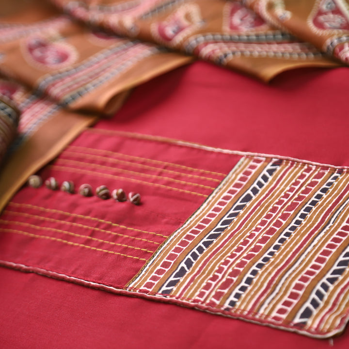 Radhika Apple Red Polti Button with Stripe Printed Neck Patch Cotton Suit Set