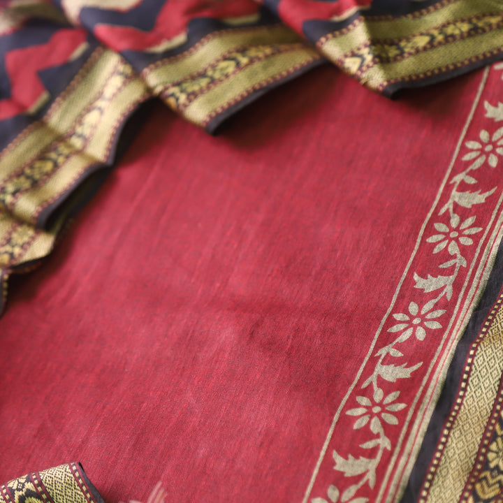 इश्कखुमारी Barn Maroon Red Mangalgiri Hem Work Cotton Suit Set