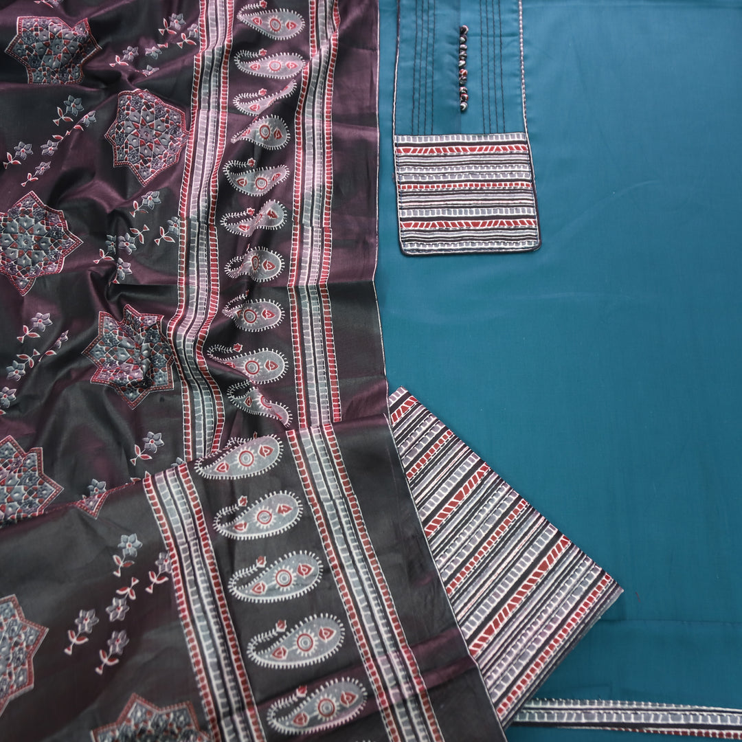 Radhika Cerulean Teal Polti Button with Stripe Printed Neck Patch Cotton Suit Set