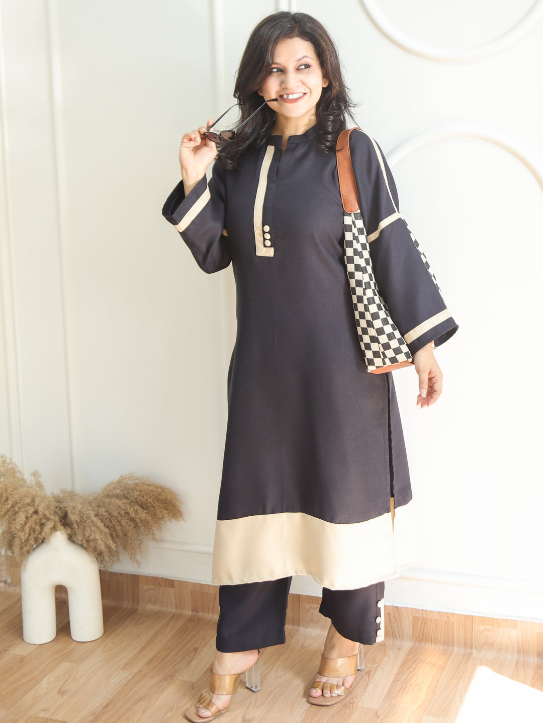 Aaina Midnight Black Ban Collar Winter Twill Co-ord Set