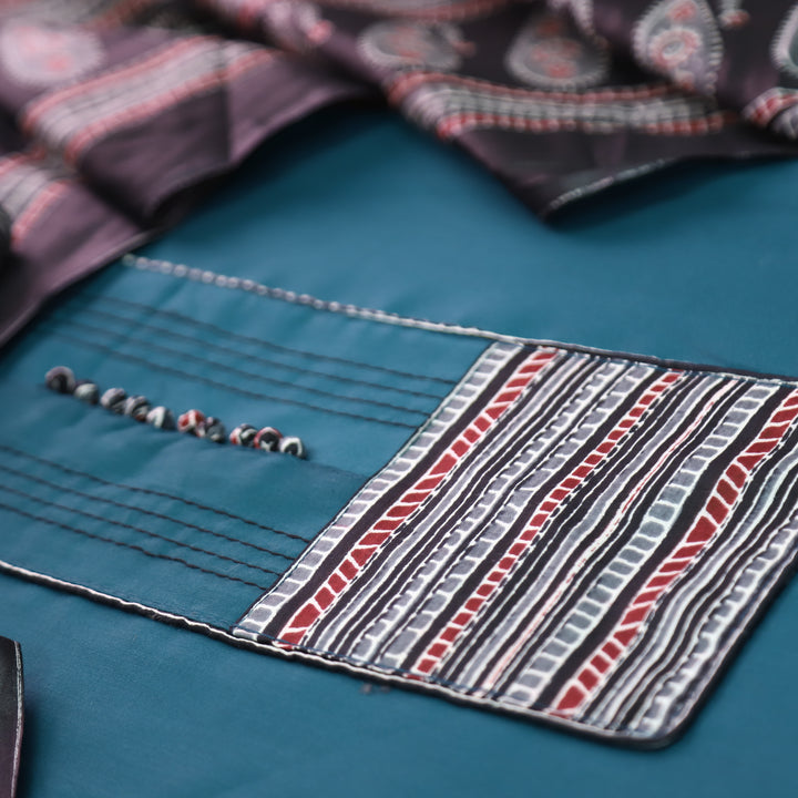 Radhika Cerulean Teal Polti Button with Stripe Printed Neck Patch Cotton Suit Set